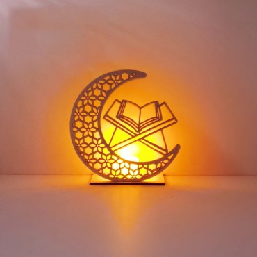 Wooden Moon Eid Mubarak Decoration Muslim Ramadan Moon Star Islam Hanging Pendant Plate With Led String Lights