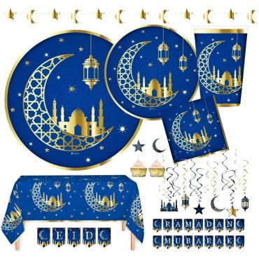 Custom Eid Mubarak tablewares Ramadan paper plate cup napkins set Hari raya party Supplies