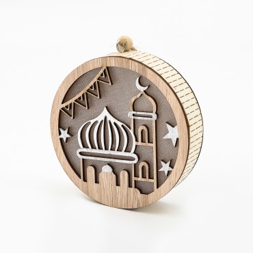 New Muslim 2023 Ramadan Festival Light Wooden Round LED Hanging Ornament Eid Mubarak Lamp