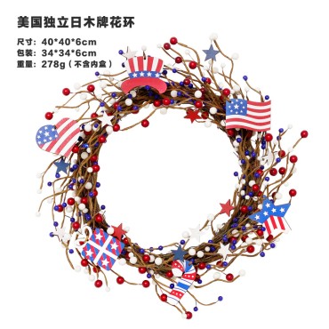 Independence Day Home Decor Flag Wood Rattan Red White Blue Berry Garland Wall Hanging