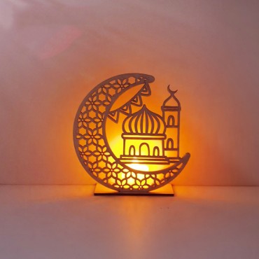 Wooden Moon Eid Mubarak Decoration Muslim Ramadan Moon Star Islam Hanging Pendant Plate With Led String Lights