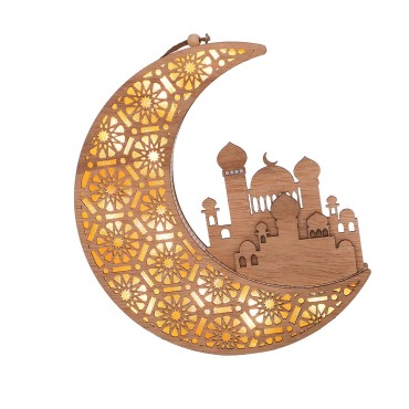 Eid Mubarak Holiday Party Supplies Ramadan Festival Lamp Carved Wooden Moon Shape Light Decorations 2023 New Design EID Lantern