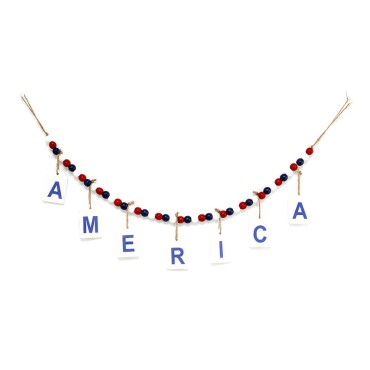 US Independence Day Wood Prayer Bead with American Flag Tassels Pendant Necklace Home Wall Hanging Decoration