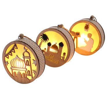 New Muslim 2023 Ramadan Festival Light Wooden Round LED Hanging Ornament Eid Mubarak Lamp