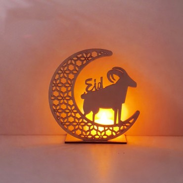 Wooden Moon Eid Mubarak Decoration Muslim Ramadan Moon Star Islam Hanging Pendant Plate With Led String Lights