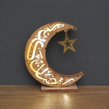 Ramadan Kreem Moon Decoration Light Wooden Eid Mubarak Muslim Lighting Islamic Palace Led Moon Tabletop Decor Lamp