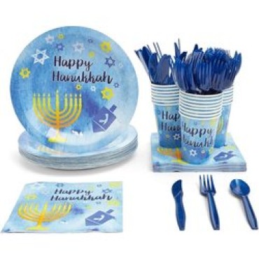 DAMAI 24 Guest Plates Disposable Paper Tableware Happy Hanukkah Festival Decoration Starry Chanukah Blue Theme Party Tableware