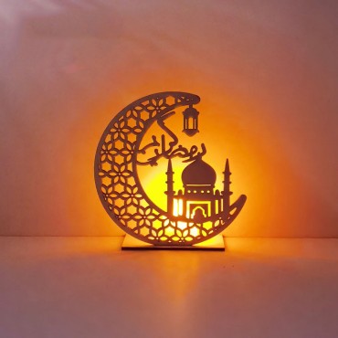 Wooden Moon Eid Mubarak Decoration Muslim Ramadan Moon Star Islam Hanging Pendant Plate With Led String Lights