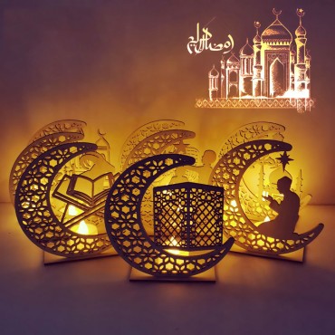 Wooden Moon Eid Mubarak Decoration Muslim Ramadan Moon Star Islam Hanging Pendant Plate With Led String Lights