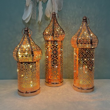 Eid Mubarak White Hollow Led Wind Lamp Iron Art Lamp Ornaments Decorations Party Supplies Ramadan Kareem Lanterns