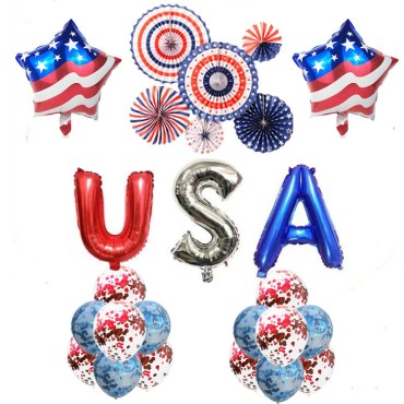 Wholesale Independence Day Decoration Set Party Supplies Hanging Paper Fans Swirls Star Confetti Flag Banner Pull Flag Kit