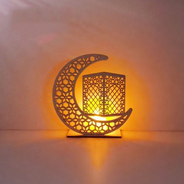 Wooden Moon Eid Mubarak Decoration Muslim Ramadan Moon Star Islam Hanging Pendant Plate With Led String Lights