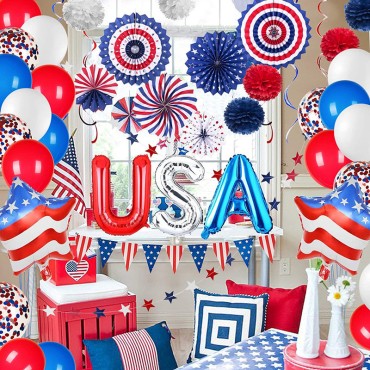 Wholesale Independence Day Decoration Set Party Supplies Hanging Paper Fans Swirls Star Confetti Flag Banner Pull Flag Kit