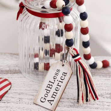 Independence Day Wood Bead Garland with American Flag for 4th of July Tassel Wreath Ornaments Decor