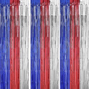 US Independence Day Foil Curtain Decoration Blue Red White Shinny Colors Tassel Curtain