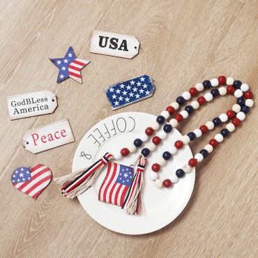 Independence Day Wood Bead Garland with American Flag for 4th of July Tassel Wreath Ornaments Decor