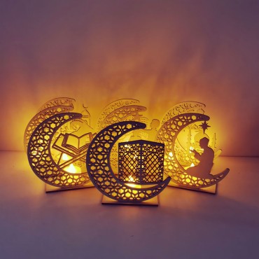 Wooden Moon Eid Mubarak Decoration Muslim Ramadan Moon Star Islam Hanging Pendant Plate With Led String Lights