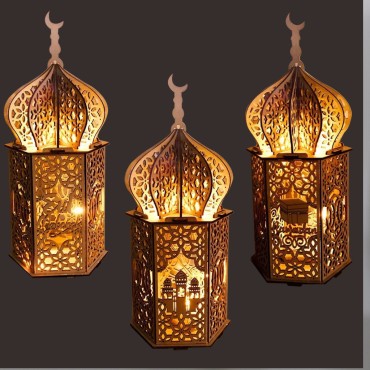 DIY Muslim Ramadan Kreem Party Supplies Eid Mubarak Wooden Palace Lamp Islamic Party Decoration Desktop Ornament Light