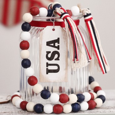 Independence Day Wood Bead Garland with American Flag for 4th of July Tassel Wreath Ornaments Decor