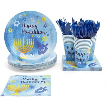 DAMAI 24 Guest Plates Disposable Paper Tableware Happy Hanukkah Festival Decoration Starry Chanukah Blue Theme Party Tableware