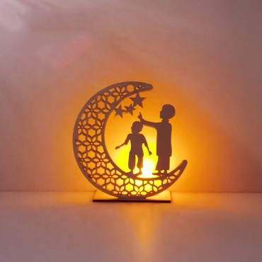 Wooden Moon Eid Mubarak Decoration Muslim Ramadan Moon Star Islam Hanging Pendant Plate With Led String Lights