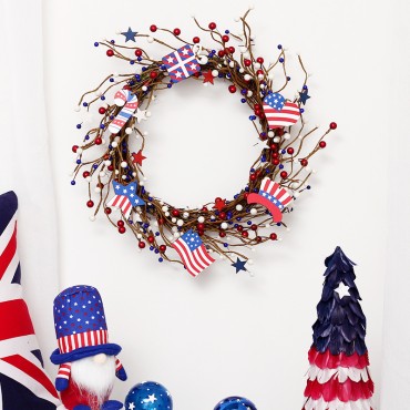 US Independence Day Wreath Red White Blue National Flag Berry Wreath for Independence Day Decorations