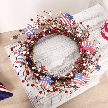 US Independence Day Wreath Red White Blue National Flag Berry Wreath for Independence Day Decorations