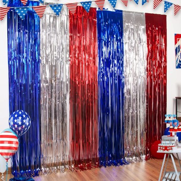 US Independence Day Foil Curtain Decoration Blue Red White Shinny Colors Tassel Curtain