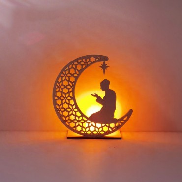 Wooden Moon Eid Mubarak Decoration Muslim Ramadan Moon Star Islam Hanging Pendant Plate With Led String Lights