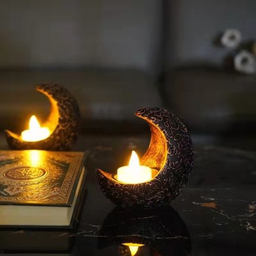 Arabian Ramadan Moon Led Candlestick Three Color Optional Eid Decoration Resin Crafts Home Decoration Ramadan Candle Holder