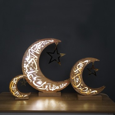 Ramadan Kreem Moon Decoration Light Wooden Eid Mubarak Muslim Lighting Islamic Palace Led Moon Tabletop Decor Lamp