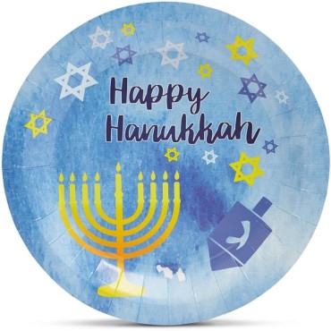 DAMAI 24 Guest Plates Disposable Paper Tableware Happy Hanukkah Festival Decoration Starry Chanukah Blue Theme Party Tableware