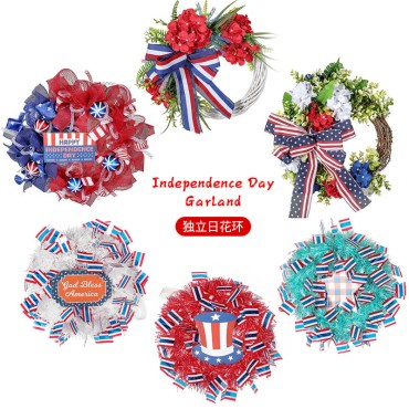 The wreath USA Patriotic Design  Of July Usa Wreath Red White Blue Flag Independence Day Welcome Mesh Ribbon Bowtie Door Wreath