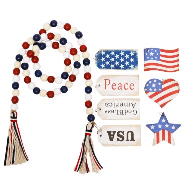 Independence Day Wood Bead Garland with American Flag for 4th of July Tassel Wreath Ornaments Decor