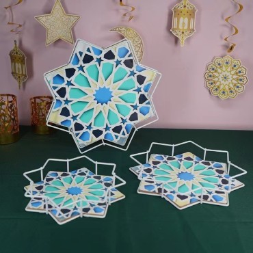 New Style Ramadan Octagonal Colorful Cake Tray Eid Wrought Iron Plate Holiday Home Party Table Decoration Crafts