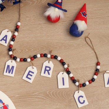 US Independence Day Wood Prayer Bead with American Flag Tassels Pendant Necklace Home Wall Hanging Decoration