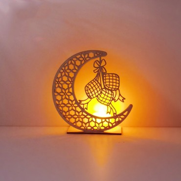 Wooden Moon Eid Mubarak Decoration Muslim Ramadan Moon Star Islam Hanging Pendant Plate With Led String Lights