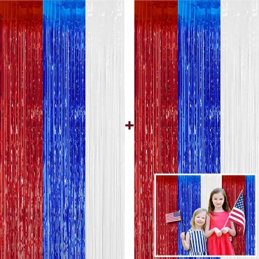 US Independence Day Foil Curtain Decoration Blue Red White Shinny Colors Tassel Curtain