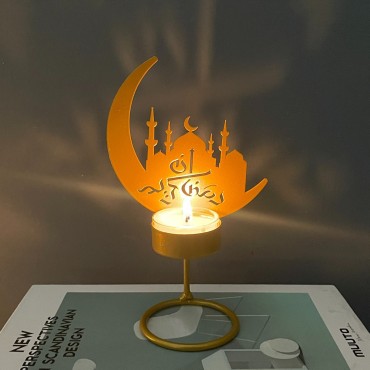 Ramadan Kareem Decorative Moon Shape Iron Candle Holder Eid Mubarak Candlestick Home Decorations Candle Stand