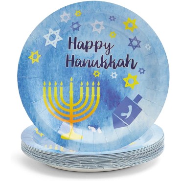 DAMAI 24 Guest Plates Disposable Paper Tableware Happy Hanukkah Festival Decoration Starry Chanukah Blue Theme Party Tableware