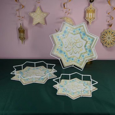 New Style Ramadan Octagonal Colorful Cake Tray Eid Wrought Iron Plate Holiday Home Party Table Decoration Crafts