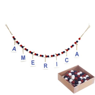 US Independence Day Wood Prayer Bead with American Flag Tassels Pendant Necklace Home Wall Hanging Decoration