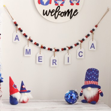 US Independence Day Wood Prayer Bead with American Flag Tassels Pendant Necklace Home Wall Hanging Decoration