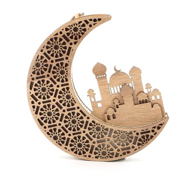 Eid Mubarak Holiday Party Supplies Ramadan Festival Lamp Carved Wooden Moon Shape Light Decorations 2023 New Design EID Lantern