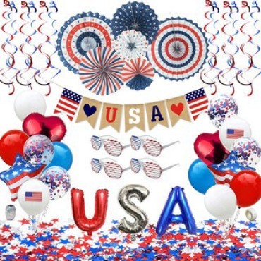 Wholesale Independence Day Decoration Set Party Supplies Hanging Paper Fans Swirls Star Confetti Flag Banner Pull Flag Kit