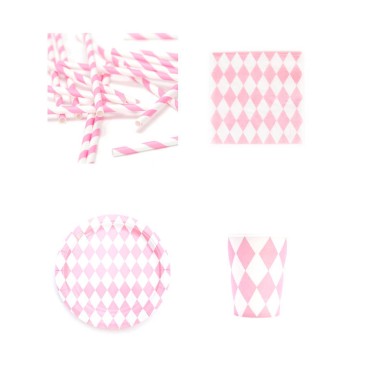 New disposable party supplies, pink diamond tableware, cake paper plate, paper cup, paper towel, straw, afternoon tea plate