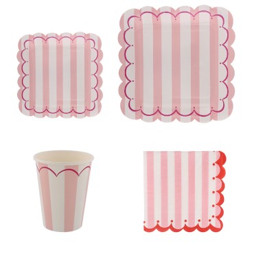 Korean version of new birthday party supplies disposable tableware, square plates, paper plates, paper cups, pink wavy edge cake plates