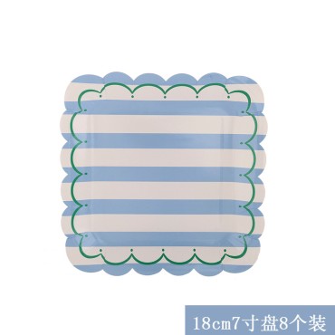 Korean version of new birthday party supplies disposable tableware, square plates, paper plates, paper cups, blue wavy edge cake plates