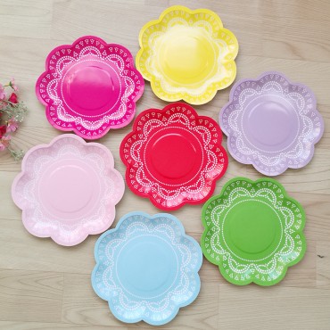 Lace retro European themed disposable party utensils for children's first birthday dining table supplies, paper plates, paper cups