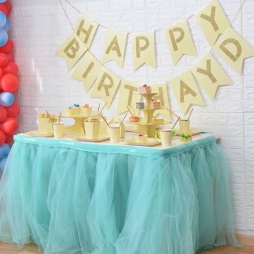 New disposable knife, fork, spoon, tableware, yellow set, table skirt, paper cup, paper plate, Happy Birthday pull bar